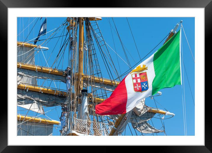 Italian Navy flag waving on the tall ship  Framed Mounted Print by Flavio Massari