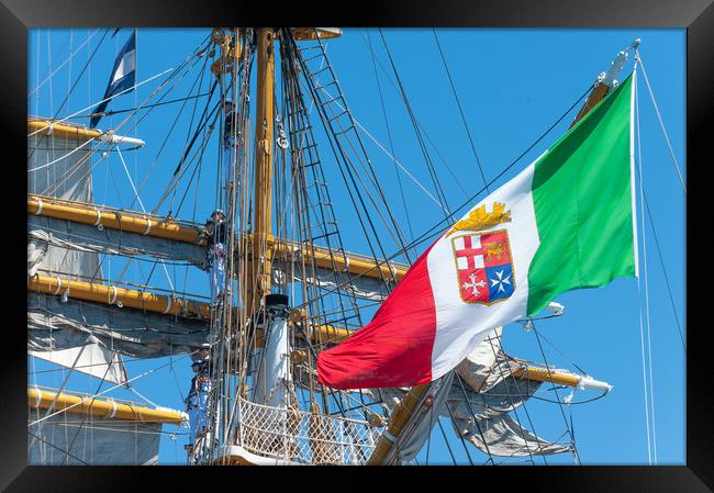 Italian Navy flag waving on the tall ship  Framed Print by Flavio Massari