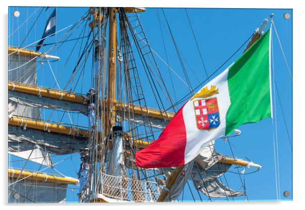Italian Navy flag waving on the tall ship  Acrylic by Flavio Massari
