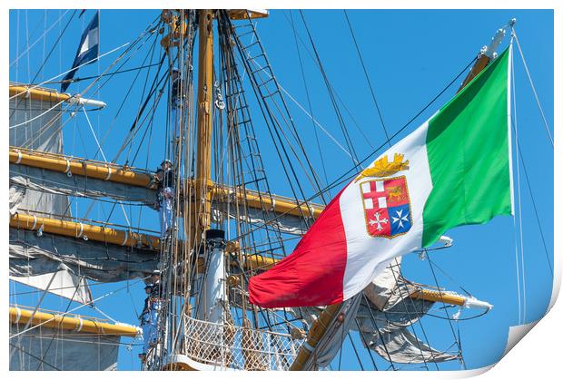 Italian Navy flag waving on the tall ship  Print by Flavio Massari