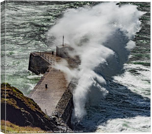 Storm Francis hits Mullion Harbour Wall Canvas Print by Philip Hodges aFIAP ,