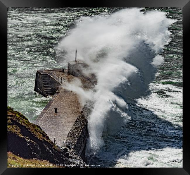 Storm Francis hits Mullion Harbour Wall Framed Print by Philip Hodges aFIAP ,