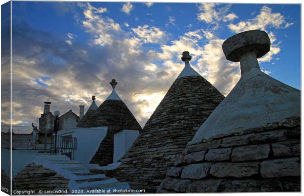 Sunset and Trulli in Alberobello, Italy Canvas Print by Lensw0rld 