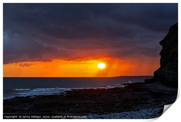 Sunsetting on a stormy evening at Dunraven Bay Gla Print by Jenny Hibbert
