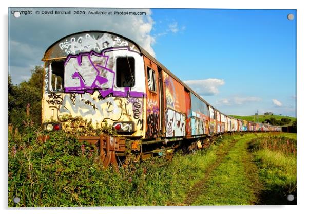 Derelict railway carriages covered in graffiti. Acrylic by David Birchall