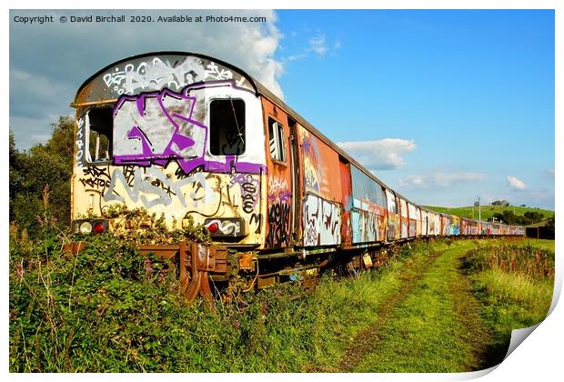 Derelict railway carriages covered in graffiti. Print by David Birchall