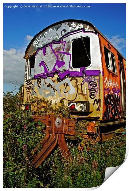 Abandoned railway carriage covered in graffiti. Print by David Birchall