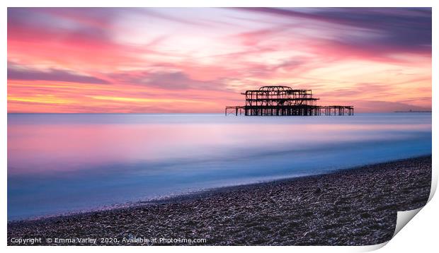 Sunset at West Pier Brighton Print by Emma Varley