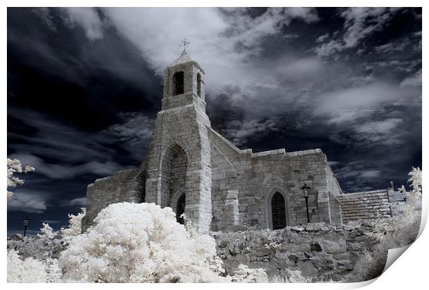 An Infrared shot of the old church on Lindisfarne. Print by Jim Ripley
