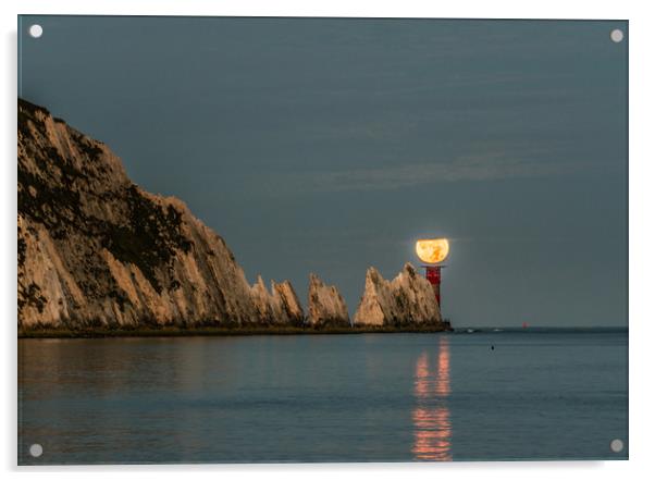 Moon setting over lighthouse Acrylic by Alf Damp