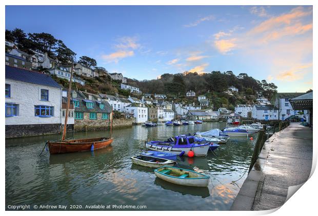 Inner harbour at sunrise (Polperro) Print by Andrew Ray