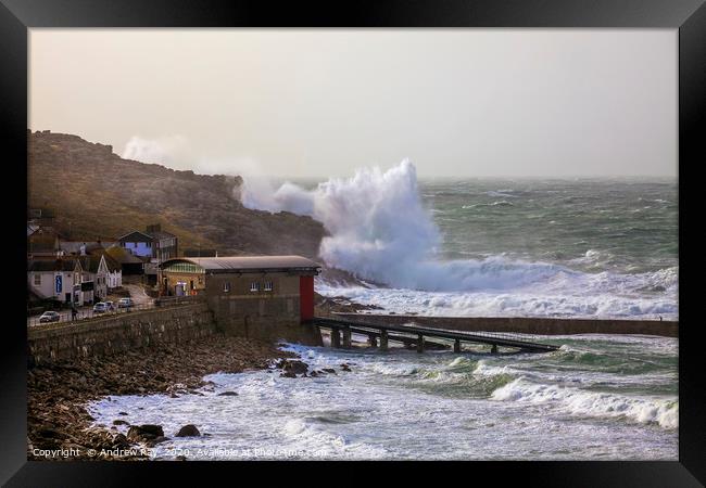 Waves over Sennen Cove Framed Print by Andrew Ray