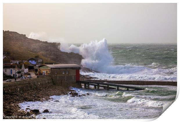 Waves over Sennen Cove Print by Andrew Ray