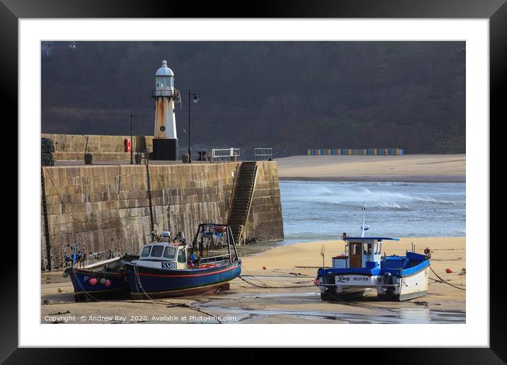 Boats under Smeaton's Pier (St Ives)  Framed Mounted Print by Andrew Ray
