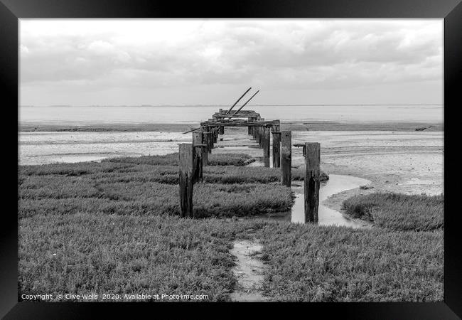 Black & white picture of the old pier at Snettisha Framed Print by Clive Wells
