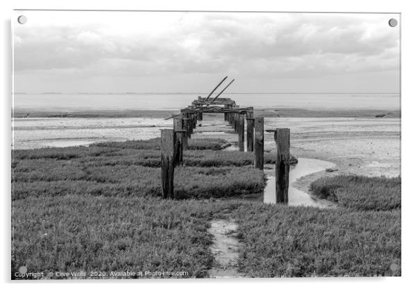Black & white picture of the old pier at Snettisha Acrylic by Clive Wells
