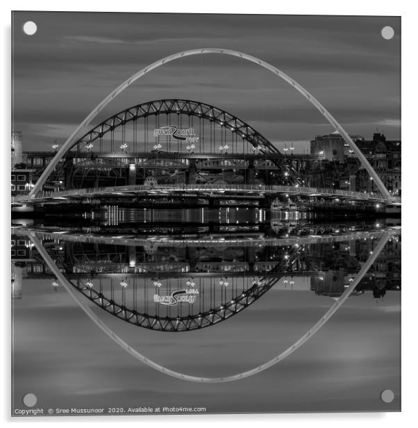 Newcastle Tyne and Millennium bridges reflections  Acrylic by Sree Mussunoor