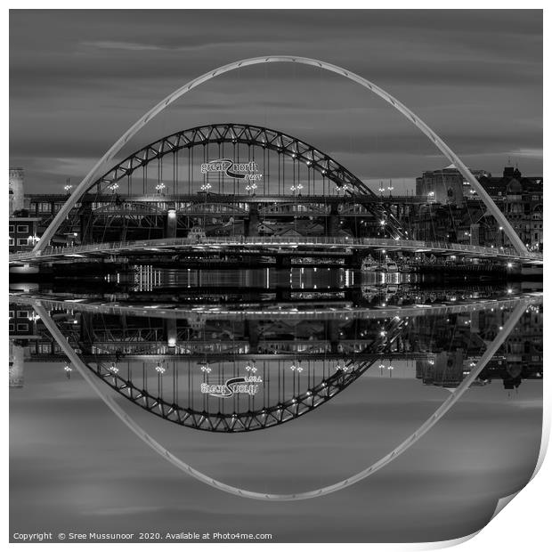 Newcastle Tyne and Millennium bridges reflections  Print by Sree Mussunoor