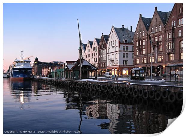 Bryggen wharf in Bergen Print by Maria Galushkina