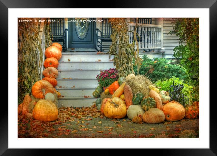 Pumpkins on the porch in Maine, New England. Framed Mounted Print by David Birchall