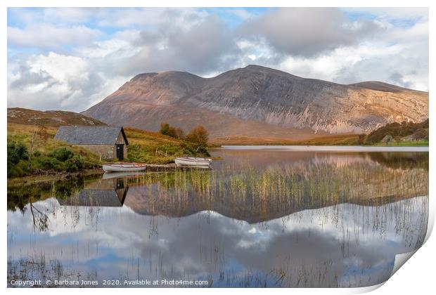 Loch Stack and Arkle reflection in Autumn  Print by Barbara Jones