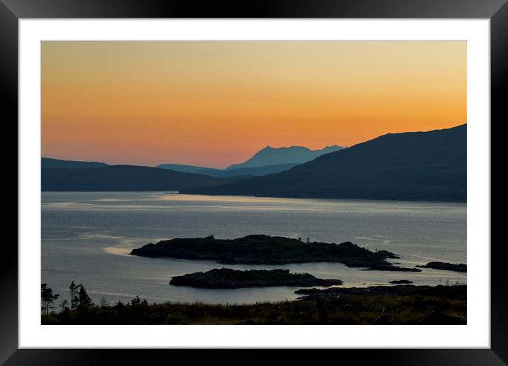 Camusfearna Sandaig and The Isle of Skye at Sunset Framed Mounted Print by Derek Beattie