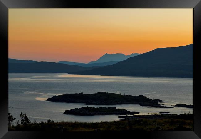 Camusfearna Sandaig and The Isle of Skye at Sunset Framed Print by Derek Beattie