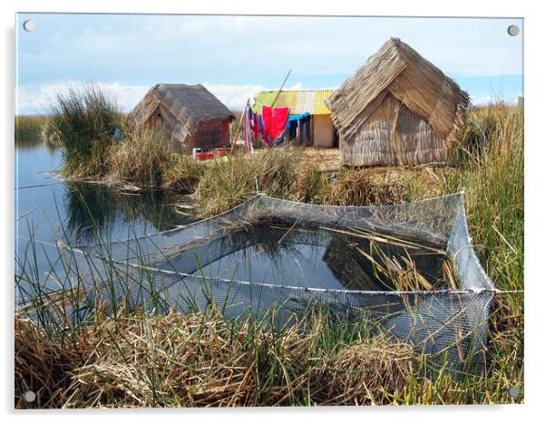 Traditional huts on Uros floating islands Acrylic by Theo Spanellis