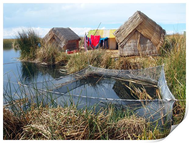 Traditional huts on Uros floating islands Print by Theo Spanellis