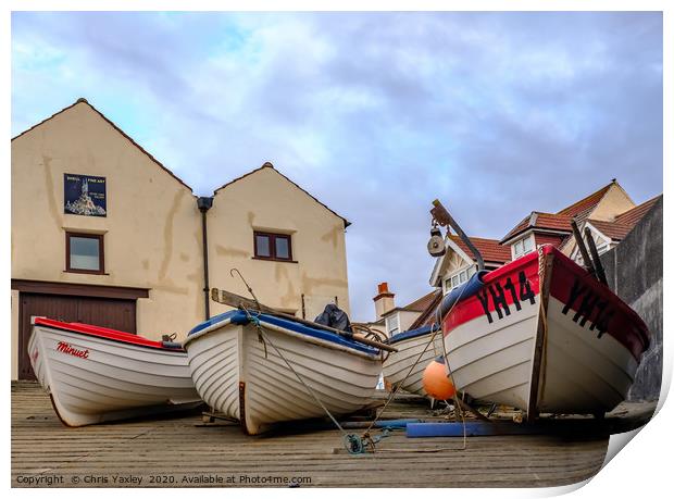 Low down and front on view of fishing boats Print by Chris Yaxley