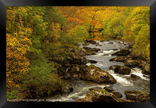 Autumnal view of river near to Capel Curig North W Framed Print by Jenny Hibbert