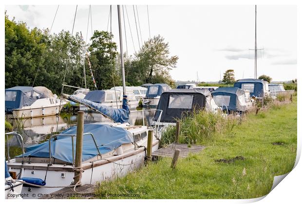 Moored boats, Norfolk Broads Print by Chris Yaxley