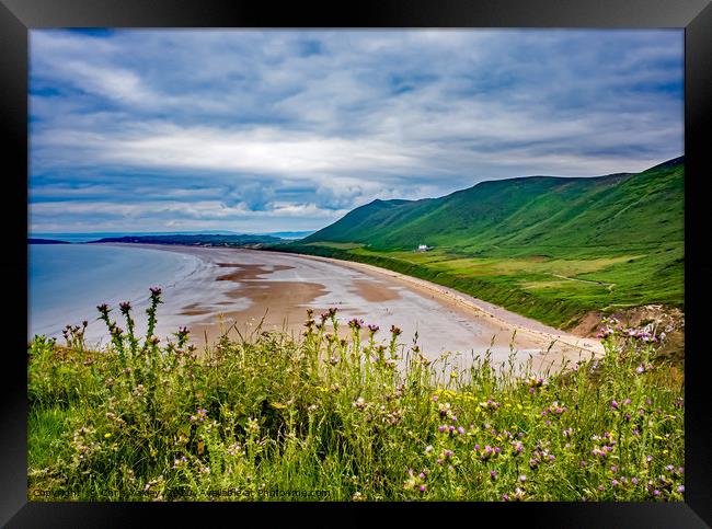 A view over Rhossili Bay from the cliff tops Framed Print by Chris Yaxley