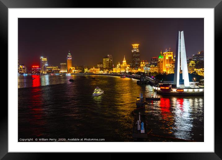 Monument Heroes Huanpu River Bund Night Lights Sha Framed Mounted Print by William Perry