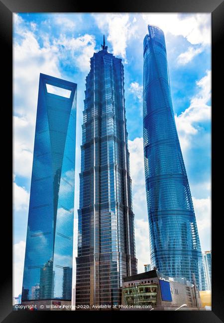 Three Skyscrapers Reflections Liujiashui Financial District Shan Framed Print by William Perry