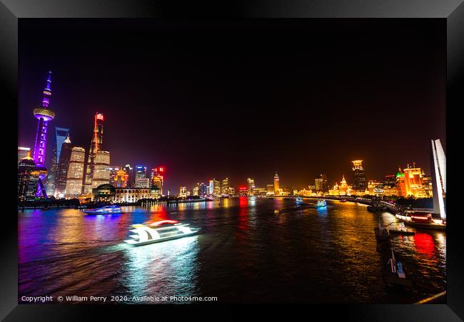 Monument Heroes Huanpu River Bund Night Lights Sha Framed Print by William Perry