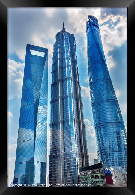 Three Skyscrapers Reflections Liujiashui Financial Framed Print by William Perry