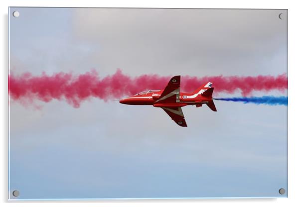 Red Arrows through blue and red smoke Acrylic by Simon Marlow