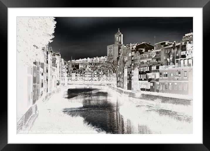 View of the city of Girona - B&W, duplex effect Framed Mounted Print by Jordi Carrio