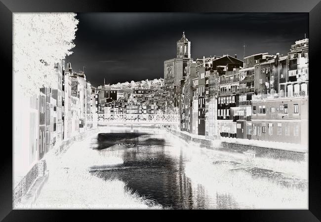 View of the city of Girona - B&W, duplex effect Framed Print by Jordi Carrio