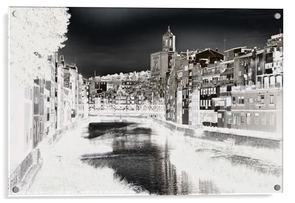 View of the city of Girona - B&W, duplex effect Acrylic by Jordi Carrio