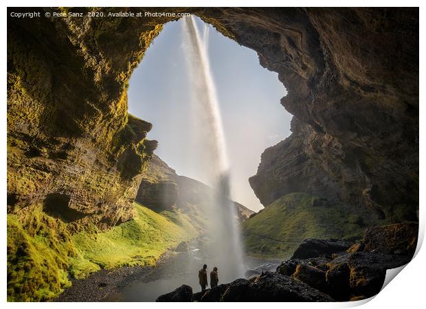 Kvernufoss Waterfall as seen from behind, Iceland Print by Pere Sanz