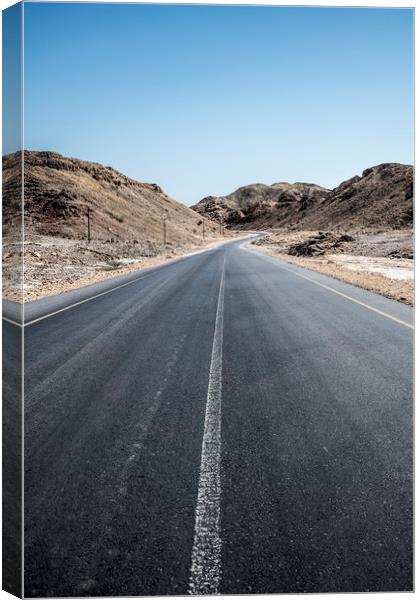 An empty tarmac road going thru arid mountains in  Canvas Print by David GABIS