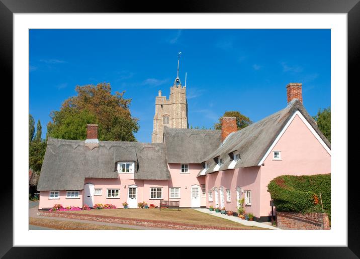 The pink cottages, in front of St Mary's Church, C Framed Mounted Print by Andrew Sharpe
