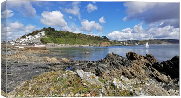 Looe Beach and The Banjo Pier viewed from Hannafor Canvas Print by Rosie Spooner