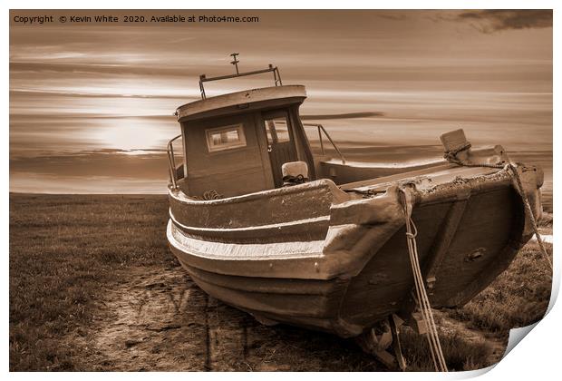 old fishing boat in sepia Print by Kevin White