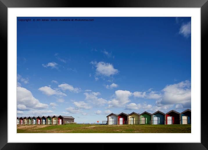 Big Blue Sky and Beautiful Blyth Beach Huts Framed Mounted Print by Jim Jones