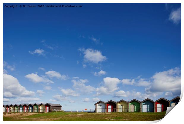 Big Blue Sky and Beautiful Blyth Beach Huts Print by Jim Jones