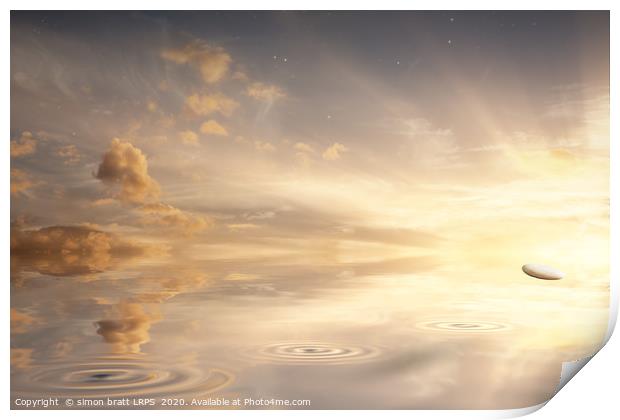 Stone skipping across a calm ocean with sunrise Print by Simon Bratt LRPS