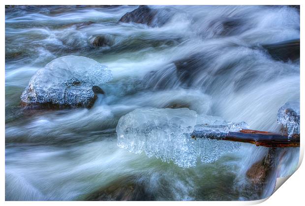 Icicles on rocks over river Print by S Fierros